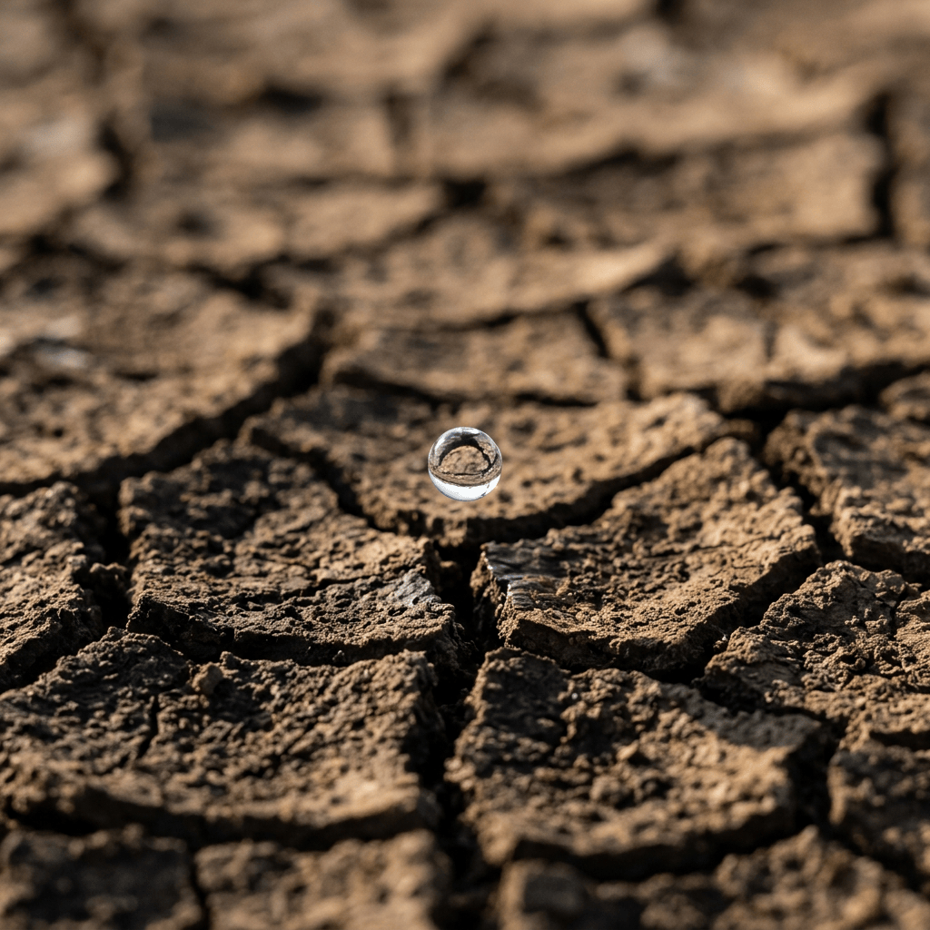 Water droplet above dry cracked earth