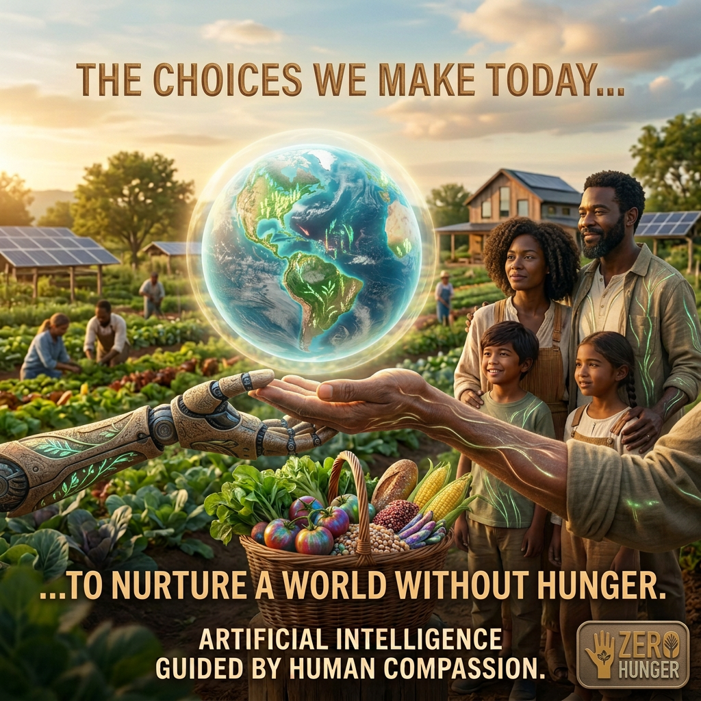 Text reads “THE CHOICES WE MAKE TODAY… FOR A WORLD WITH ZERO HUNGER. ARTIFICIAL INTELLIGENCE GUIDED BY HUMAN COMPASSION.”